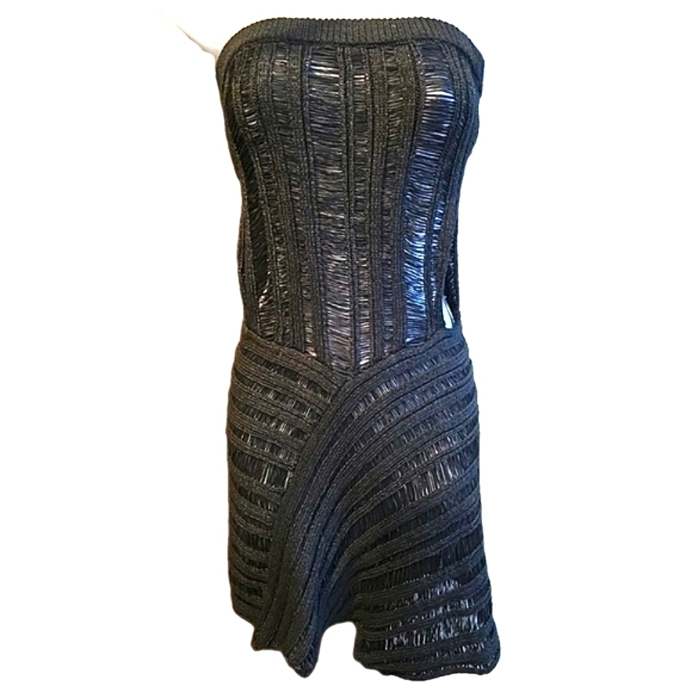 208 Beige Botany Strapless Shredded Knit Mini Dress - Black - Size Medium